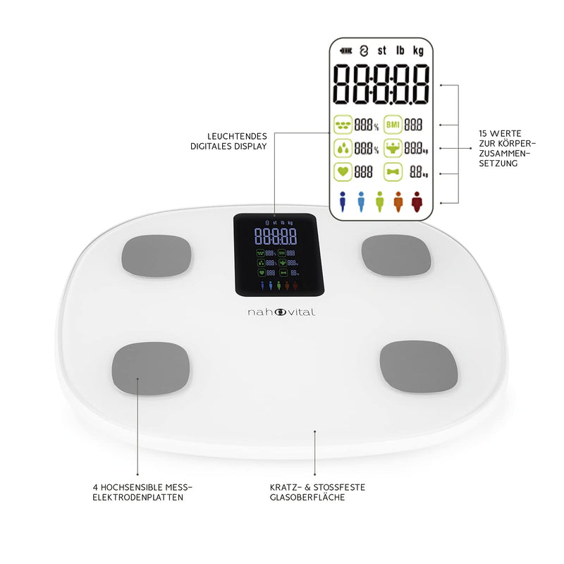 Nah-Vital Smart Body Analysis Scales, Digital Personal Scales, Body Fat Scales With App For 15 Body Data Such As Body Fat, Weight, Bmi, Muscle Mass And Bmr, Large Display, Up To 24 Profiles - NewNest Australia
