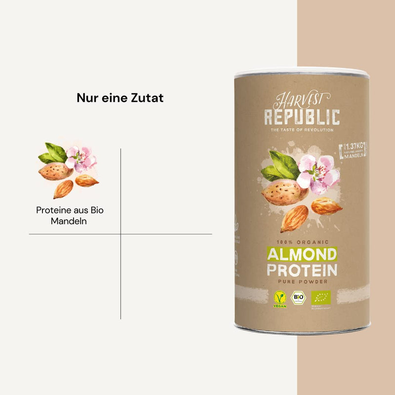 HARVEST REPUBLIC Organic Almond Protein Powder, 1 x 550 g, 50% Protein Content, Organic Food, Well Soluble, Creamy - NewNest Australia