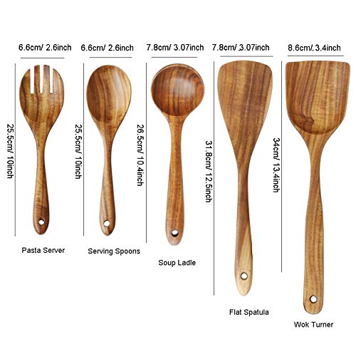 NewNest Australia - Wooden Spoons for Cooking, ADLORYEA Wood Utensils Set for Nonstick Cookware, 100% Handmade by Natural Teak Wood Without Any Painting 