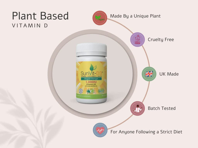 SunVit-D3 Vegan Vitamin D3 1,000iu Tablets x 60s - One a Day Cholecalciferol VIT D3 - Made in The UK by SunVit-D3® - 2 Months’ Supply - Approved Vegan- Plant Based Vitamin D Tablets – Child Friendly - NewNest Australia