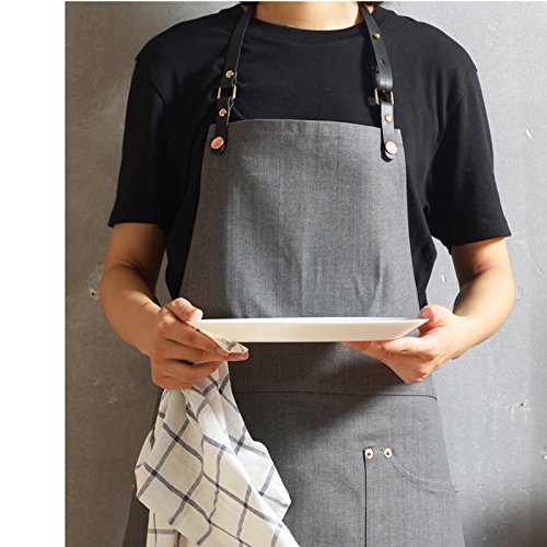 Luchuan Cotton Grey Denim Restaurant Work Aprons with the Adjustable Genuine Leather Belt (style 1 : 33.8"x 25") style 1 : 33.8"x 25" - NewNest Australia