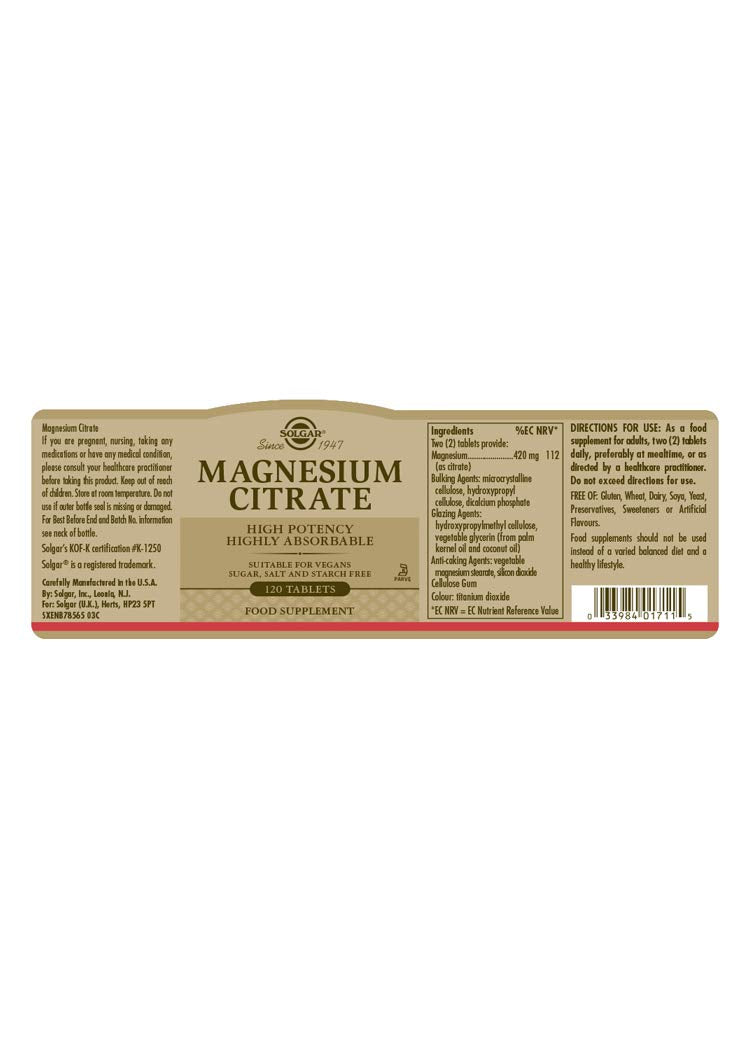 Solgar Magnesium Citrate, 120 Tablets - Promotes Healthy Bones - Supports Nerve & Muscle Function - Non GMO, Vegan, Gluten Free, Dairy Free, Kosher - 60 Servings - NewNest Australia