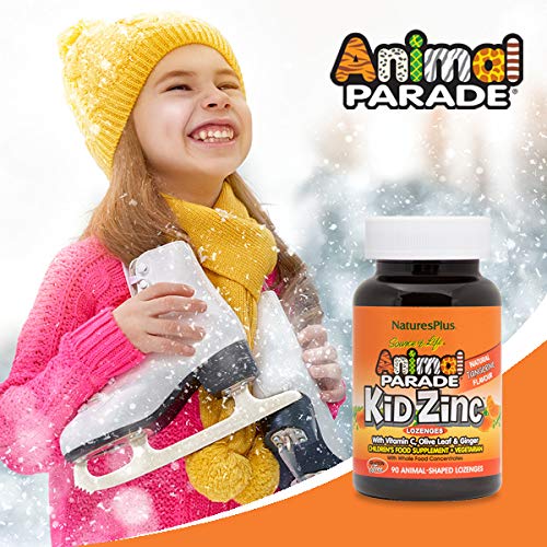 NaturesPlus Animal Parade Kid Zinc Lozenges - Tasty Tangerine Zinc and Vitamin C, Ginger, Olive leaf - Vision, Cognitive, Immune Support - Vegan, Gluten Free - 90 Animal Shaped Tablets - NewNest Australia