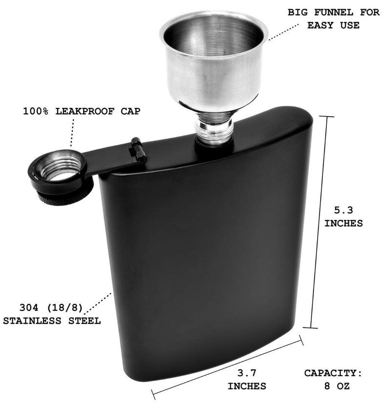NewNest Australia - Hip Flask for Liquor 8 Ounce Stainless Steel Black Matte Black Hinge Leakproof with Big Funnel in Premium Black Box for Men and Women 