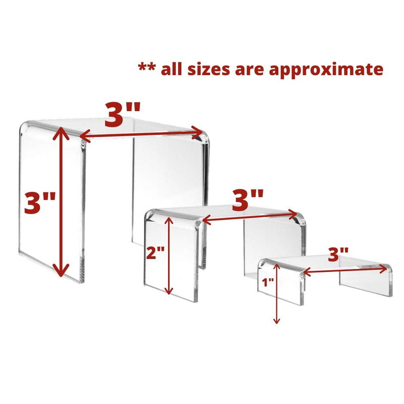 NewNest Australia - BANBERRY DESIGNS Clear Acrylic Display Risers - Set of 3 Assorted Sized Tabletop Stands - Transparent Retail Shelf Fixtures - Jewelry Food Candy Makeup Perfume Pedestals 