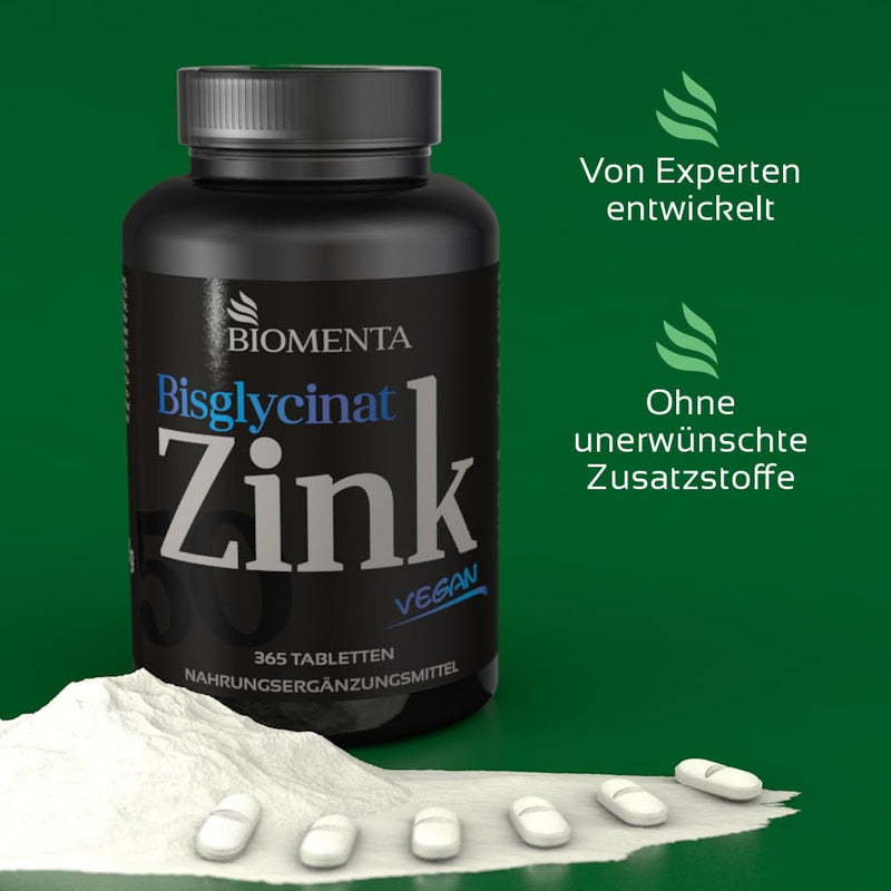 BIOMENTA Zinc 50 - 365 zinc tablets high dosage with 50 mg of pure active ingredient/tablet made from zinc bisglycinate - vegan & divisible - premium quality - NewNest Australia