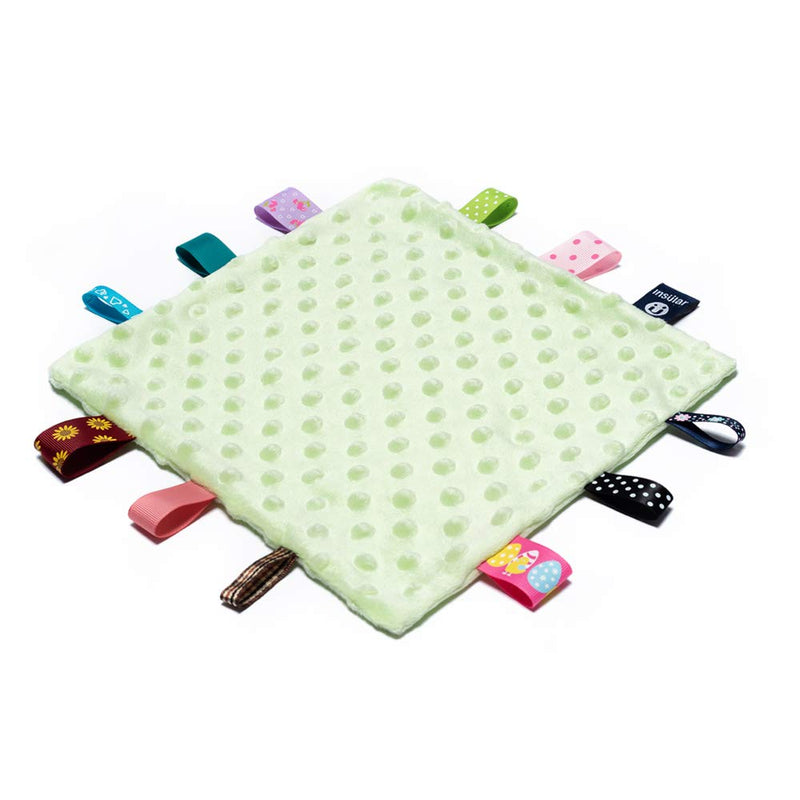 NewNest Australia - Green Baby Security Blanket with Colorful Satin Tags, Infant Appease Blankets Toy, Sleep Helper - 10 x 10 inches Square Blanket for 0+ Months Babies Boys/Girls Green 