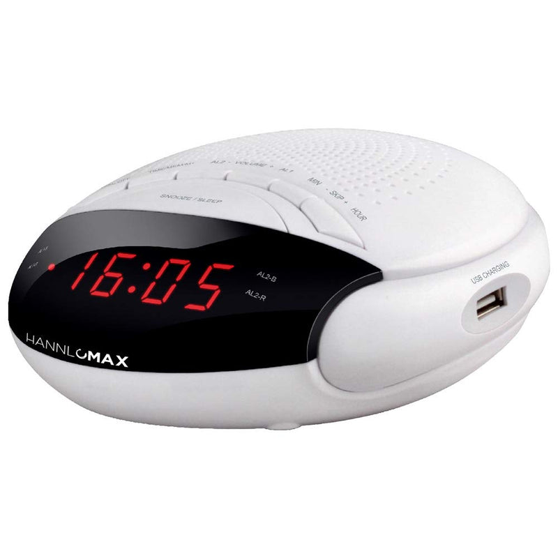 NewNest Australia - HANNLOMAX HX-200 Alarm Clock Radio, PLL FM Radio, with Preset Stations, Dual Alarm, 0.6" Red LED Display, USB Port for 1A Charging, Memory Backup, AC/DC Adaptor Included (White) 