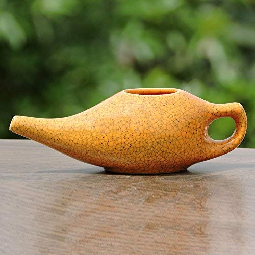 Ceramic Neti Pot for Nasal Cleansing Crackle Pattern | Neti Pot with 10 Sachets of Neti Salt + Instructions Leaflet | Natural Treatment for Sinus, Infection and Congestion (Orange) - NewNest Australia