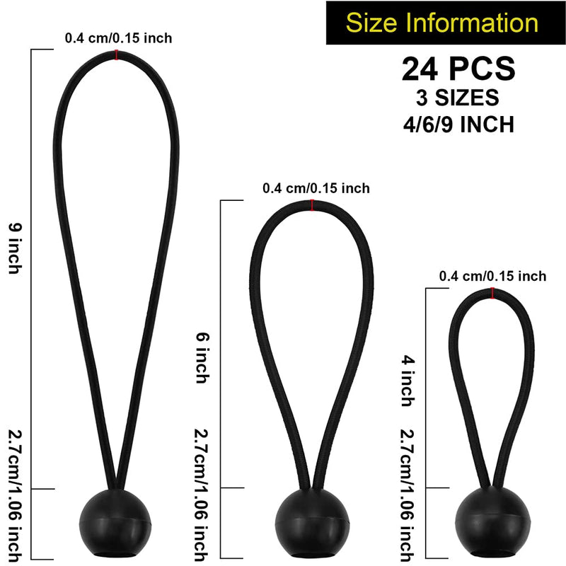 NODG 24 Pieces Ball Bungee 4,6,9 Inch Black Bungee Balls Heavy Duty Tarp Ball Bungee Cords Elastic String 4mm Thickness Tarp & Canopy Shock Cords for Camping, Tents, Cargo, Holding Wire - NewNest Australia
