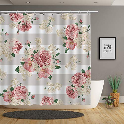 Stacy Fay Pink Floral Shower Curtain Striped Grey and White Bath Curtain Flower Decoration with Hooks 72 Inch Machine Washable - NewNest Australia