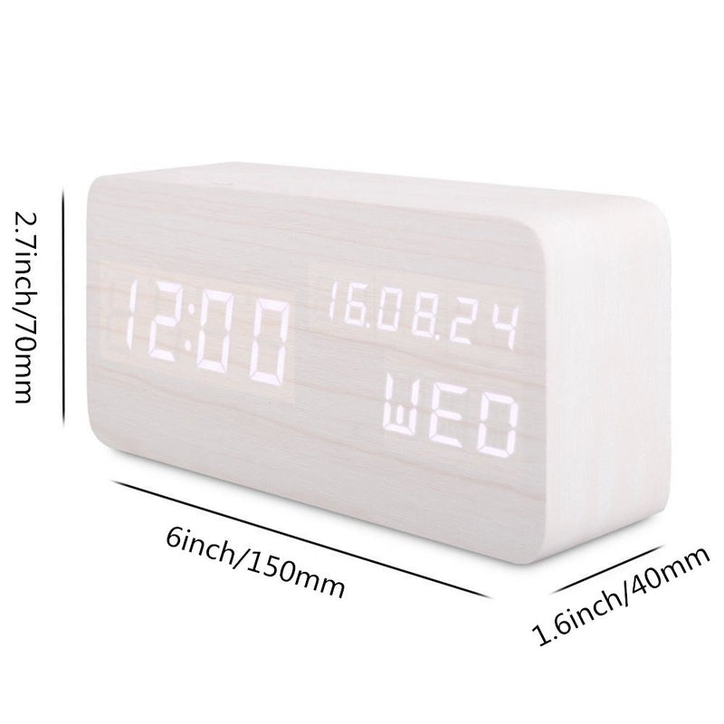 NewNest Australia - TRADE White Portable Wood Digital Clocks with 2 Display Modes 3 Sets Alarm Adjustment Acoustic Control Calendar Clock Wooden LED Multi-function Rectangular Alarm Clock 