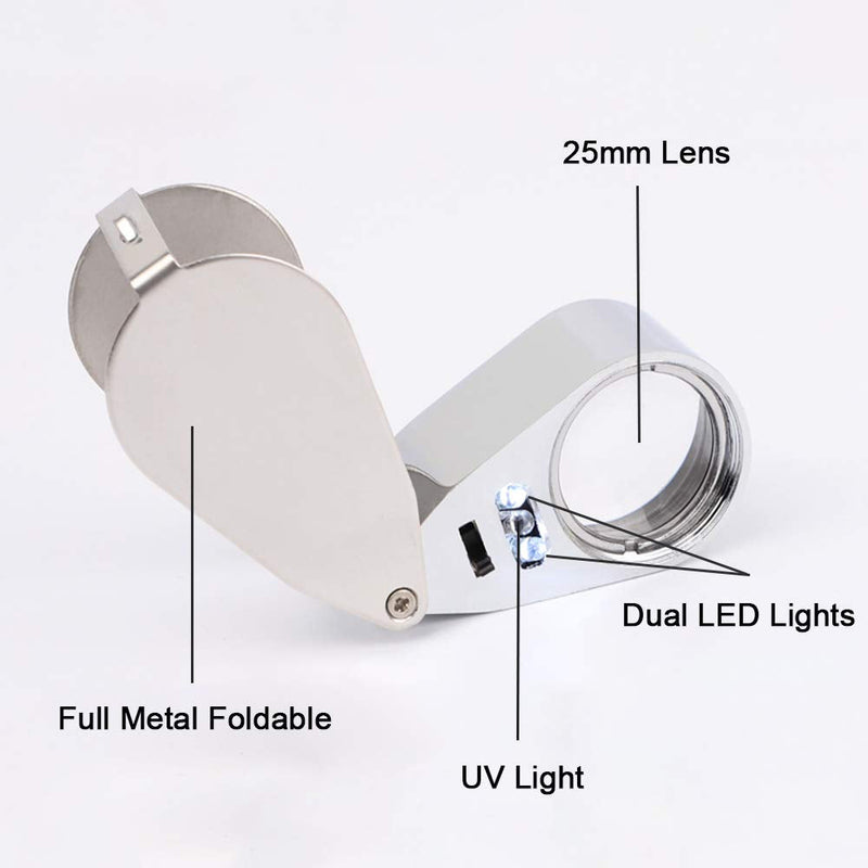 2 Pack 40X Metal Illuminated Jewelry Loop Magnifier, Magnifying Glass with LED Light Pocket Folding Jewelers Loupe for Currency Detecting Jewlers Identifying Type Lupe - NewNest Australia
