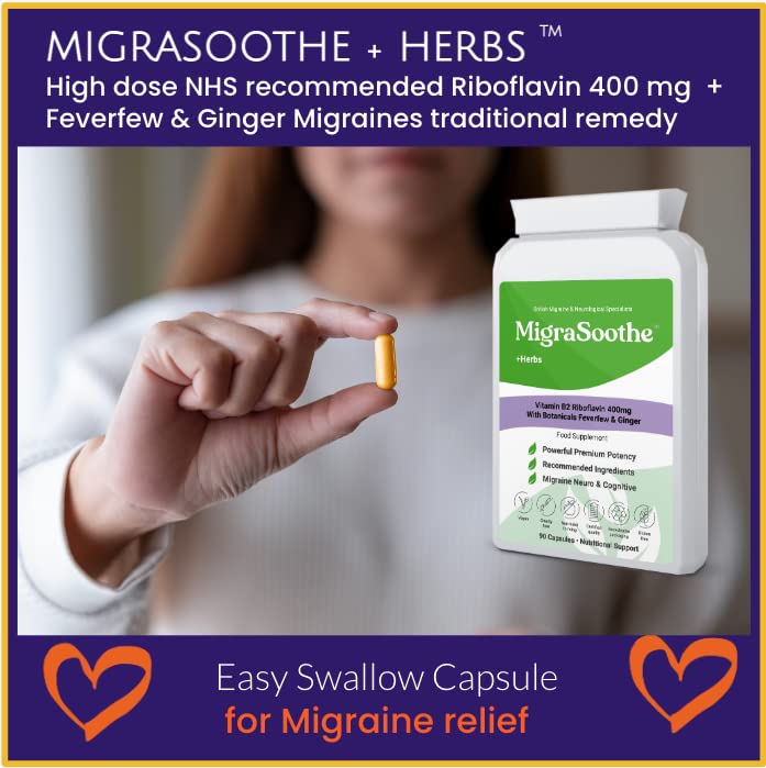 Migraine Relief Feverfew + Ginger + Vitamin B2 Riboflavin 400mg per Capsule - Migrasoothe + Herbs NHS Recommended Ingredients UK Made Stress, Headaches Tremors & Energy Vegan. Vitamin B2 400 [30] 30 - NewNest Australia