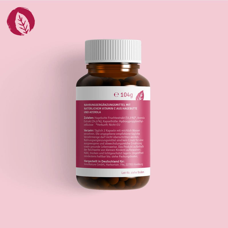 Highly dosed 600mg natural vitamin C from acerola extract and rosehip extract. 120 capsules in a 2 month supply. Highly usable, vegan + made in Germany. - NewNest Australia