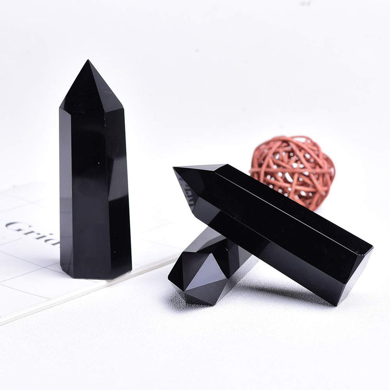 NewNest Australia - Runyangshi Large Natural Black Obsidian Healing Crystal Wand, 3.9"-4.3" (10-11cm) Crystal Tower 6 Faceted Single Point Crystal Prism Wand Natural Stones for Healing Meditation Reiki Chakra Therapy 3.9"-4.3" (10-11cm) 