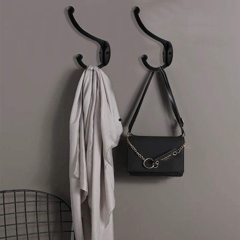 NewNest Australia - 10Pcs Black Coat Hooks Hardware Heavy Duty Hooks for Hanging Coats Double No Rust Hooks Wall Mounted with 40 Screws for Key, Towel, Bags, Cup, Hat 