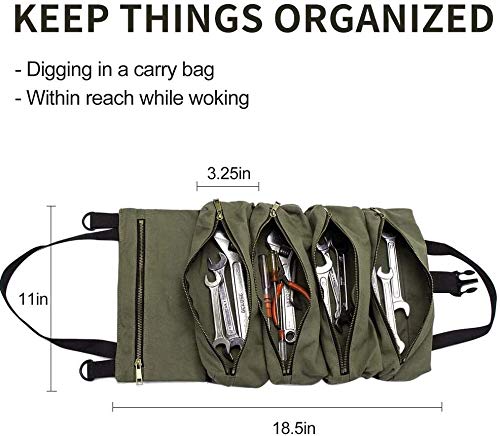 Super Roll Tool Roll,Multi-Purpose Tool Roll Up Bag, Wrench Roll Pouch,Canvas Tool Organizer Bucket,Car First Aid Kit Wrap Roll Storage Case,Hanging Tool Zipper Carrier Tote,Car Camping Gear Army Green - NewNest Australia