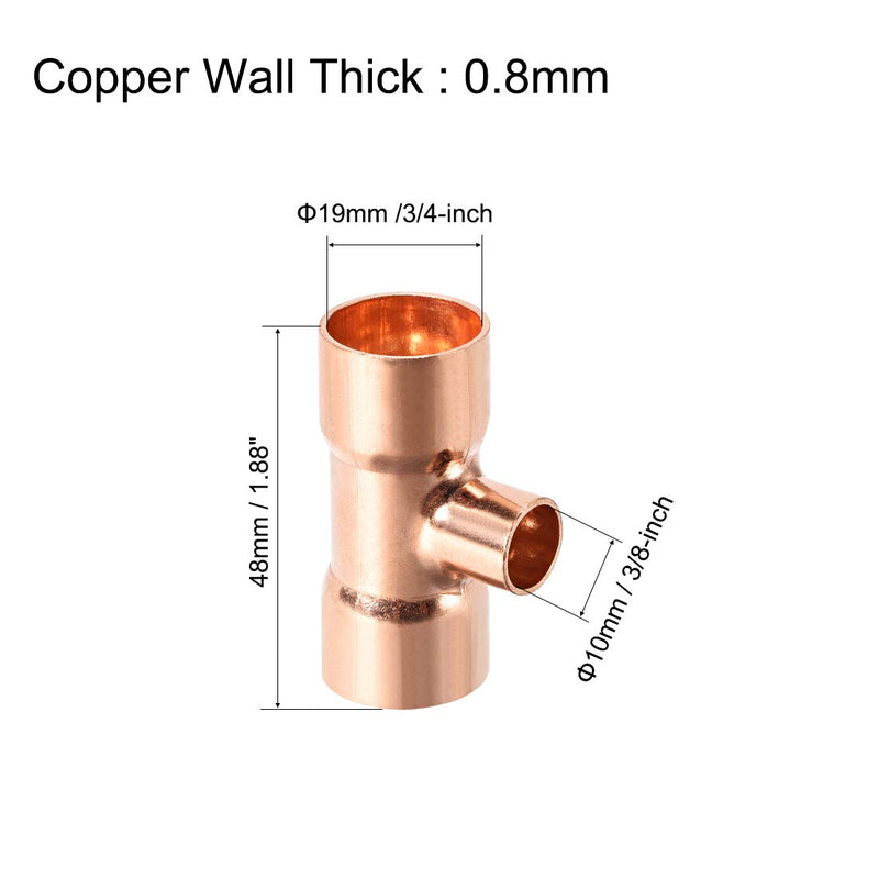 uxcell 3/4-inch X 3/8-inch X 3/4-inch Copper Reducing Tee Copper Pressure Pipe Fitting Conector for Plumbing Supply and Refrigeration 2pcs - NewNest Australia