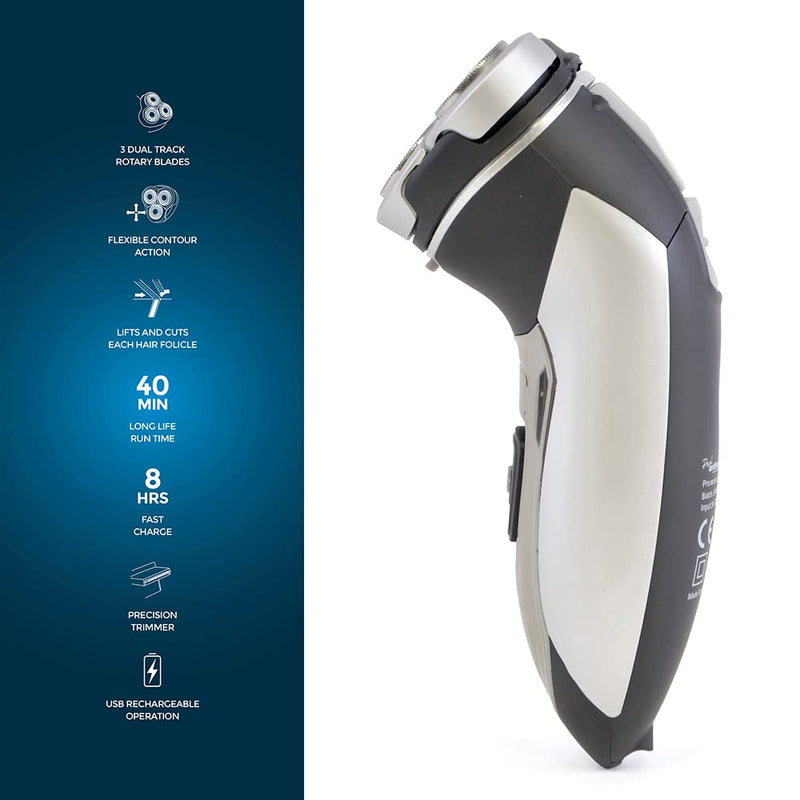 Paul Anthony Pro Series 3 Titanium Mens Cordless Rotary Shaver / 3 Titanium Steel Flexible Heads / 40 Minute Usage / Washable Head / Comfortable Rubberised Grip - Silver / Black - H5010BK Rotary Shaver Pro - NewNest Australia