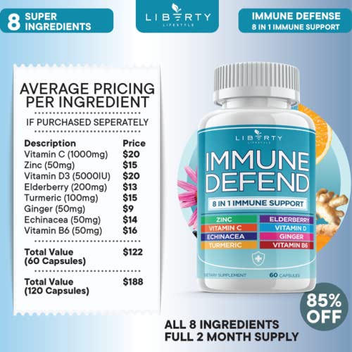8 in 1 Immune Defense Support, Immunity Vitamins Supplement Booster with Zinc 50mg, Vitamin C Elderberry Vit D3 5000 IU, Turmeric Curcumin & Ginger, Echinacea - Allergy Relief for Kids Adults (2 Pack) - NewNest Australia