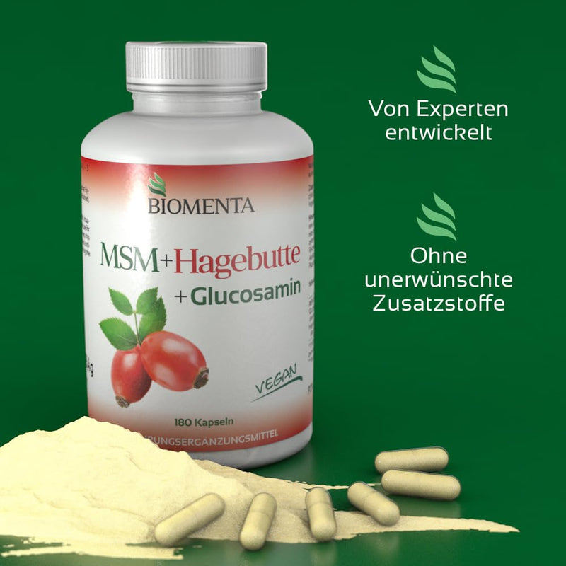 BIOMENTA MSM + Rosehip + Glucosamine - 180 allergen-free MSM capsules high dosage with 1,200mg sulfur powder + 750mg glucosamine HCl + 300mg rosehip extract/day - vegan - premium quality - NewNest Australia