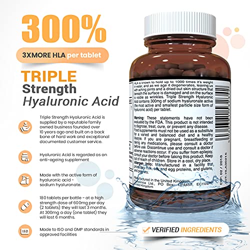 Hyaluronic Acid 300mg x 360 Tablets (2 Bottles Each with 180 Tablets - 6 Months Supply). Triple Strength Hyaluronic Acid. 300% Stronger Than Any Other HLA Tablet. SKU: HLA3x2 - NewNest Australia