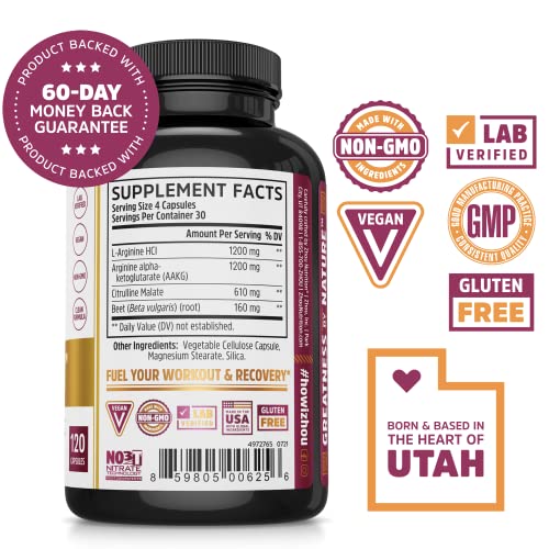 Zhou Nitric Oxide with L Arginine, Citrulline Malate, AAKG and Beet Root | Powerful N.O. Booster and Muscle Builder for Strength, Blood Flow and Endurance | 30 Servings, 120 Veggie Caps - NewNest Australia