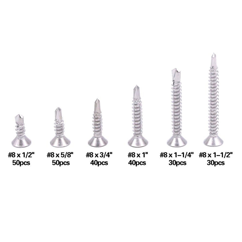Hilitchi 240 Pcs 410 Stainless Steel Flat Head Phillips Self Drilling Screws Sheet Metal Tek Screws Assortment Kit, Modified Truss Head Self Driller - Size: #8 x 1/2" ~ #8 x 1-1/2" (Pack of 240) #8 Flat Head - NewNest Australia