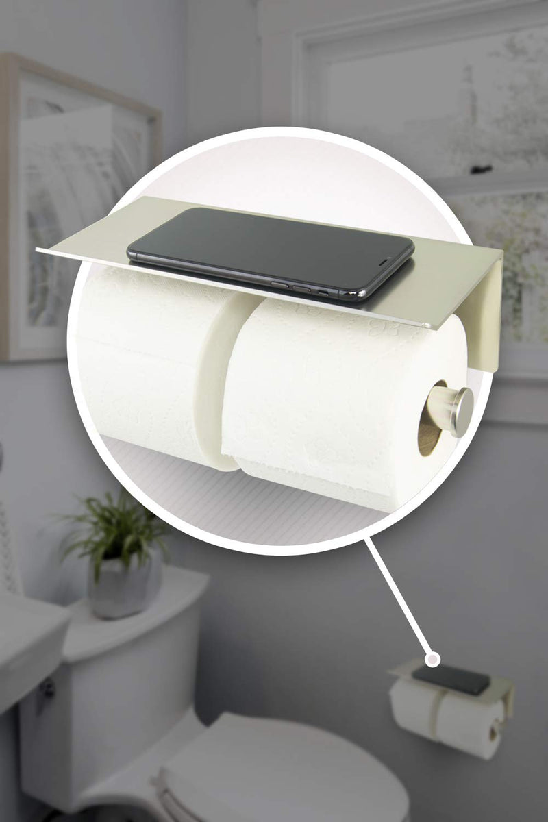 Neater Nest Adhesive Double Toilet Paper Holder with Phone Shelf, Supports Large Rolls, Modern Style (Brushed, 2-Roll) Brushed - NewNest Australia