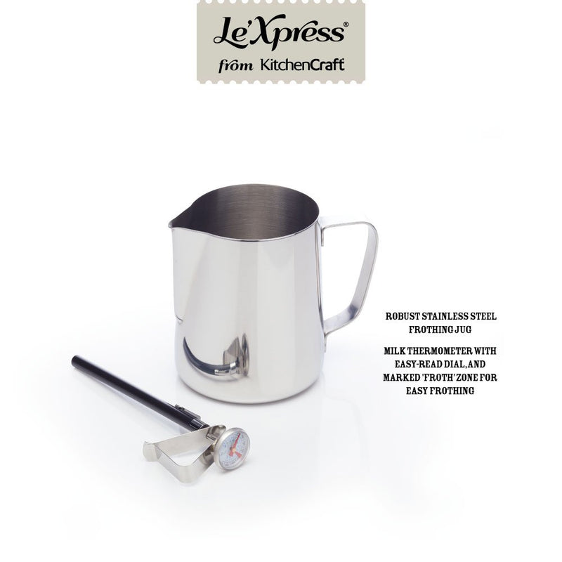 Le’Xpress Stainless Steel Milk Jug with Frothing Thermometer, 600 ml (1 Pint) - NewNest Australia