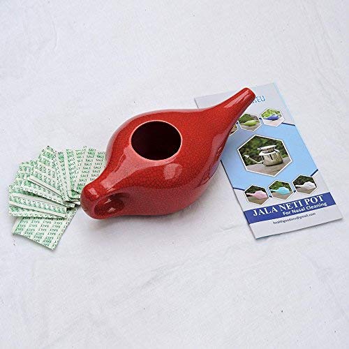 Ceramic Neti Pot for Nasal Cleansing Crackle Pattern | Ceramic Neti Pot with 10 Sachets of Neti Salt | Natural Treatment for Sinus, Infection and Congestion (Red) - NewNest Australia