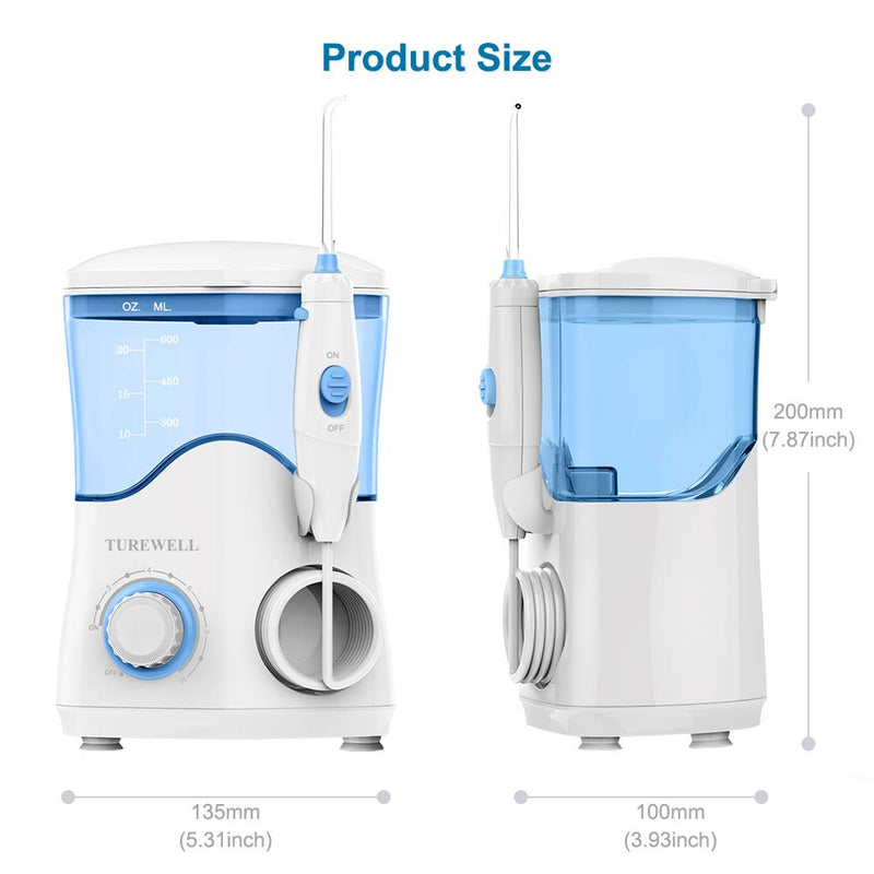 TUREWELL electric oral irrigator, professional oral irrigator with 10 adjustable water pressure values, 600ml capacity and 8 multifunctional nozzle tips (white) white - NewNest Australia
