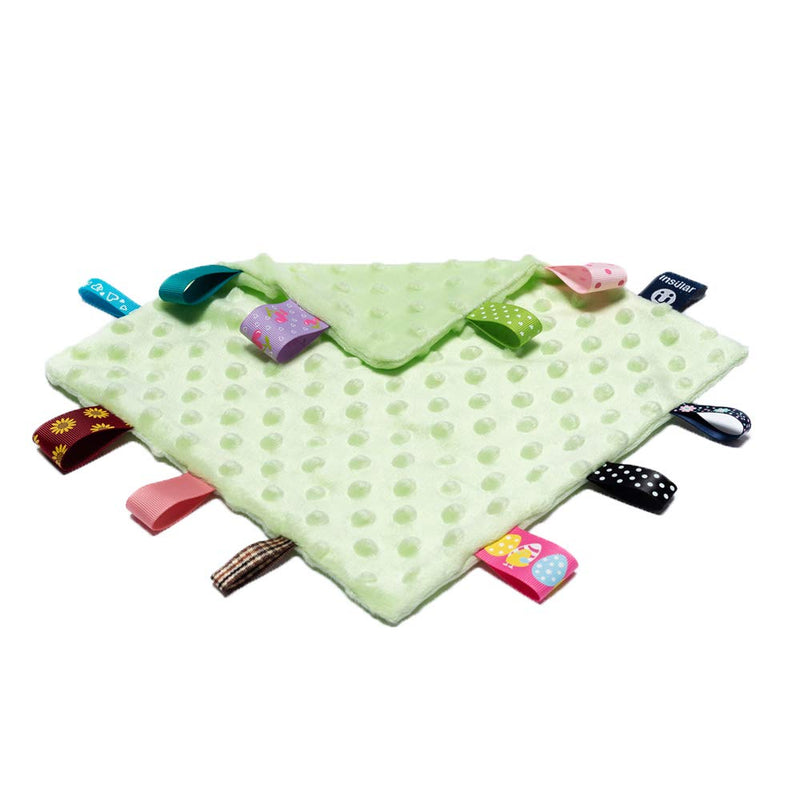 NewNest Australia - Green Baby Security Blanket with Colorful Satin Tags, Infant Appease Blankets Toy, Sleep Helper - 10 x 10 inches Square Blanket for 0+ Months Babies Boys/Girls Green 