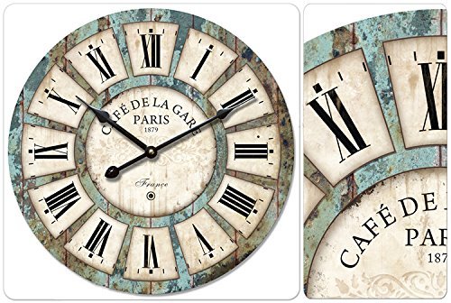 NewNest Australia - 12" Vintage Roman Numeral Design Wood Clock - Eruner France ParisCafé De La Gare Colourful French Country Tuscan Style Wooden Wall Clock (#03, Normal) 12-in #03&non-ticking 