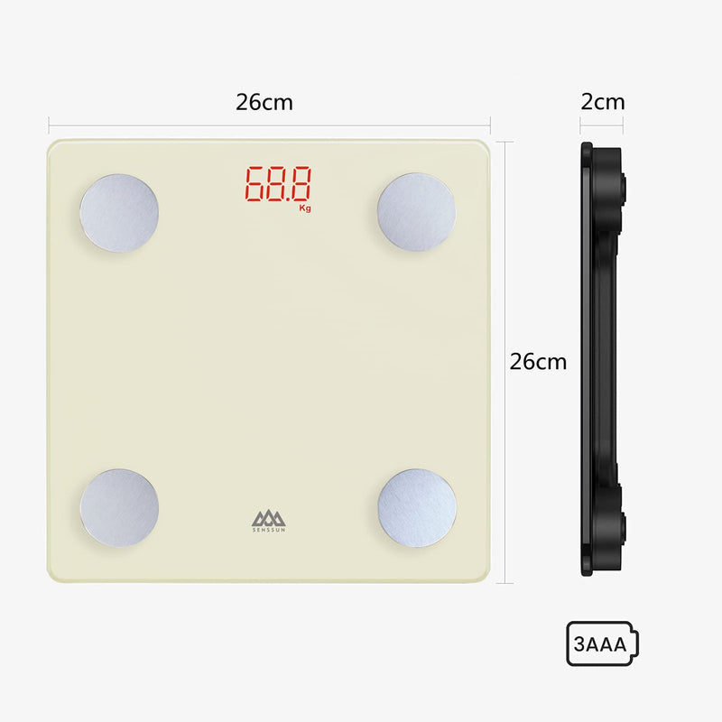 SENSSUN Body Fat Scales Digital Personal Scales, People Scales with APP, Smart Scales Bluetooth Body Analysis Scales with Body Composition Function, 150KG/330LB, 26 * 26CM, LED Display (Cream White) Cream White - NewNest Australia