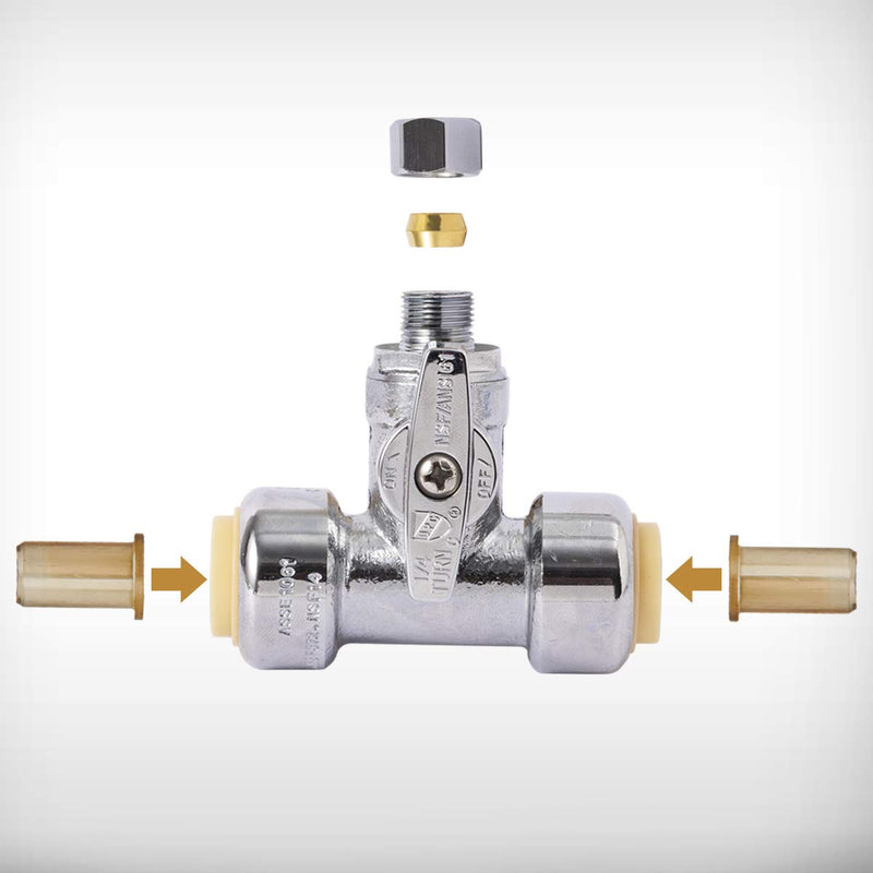 SUNGATOR Service Tee Stop Valve, 1/2" Ptc x 1/2" Ptc x 1/4" Compression, 1/4 Turn Push Fit Water Valve Shut Off Fitting with Disconnect Clip & Tape, Push-to-Connect, PEX, Copper, CPVC, Lead Free Brass - NewNest Australia