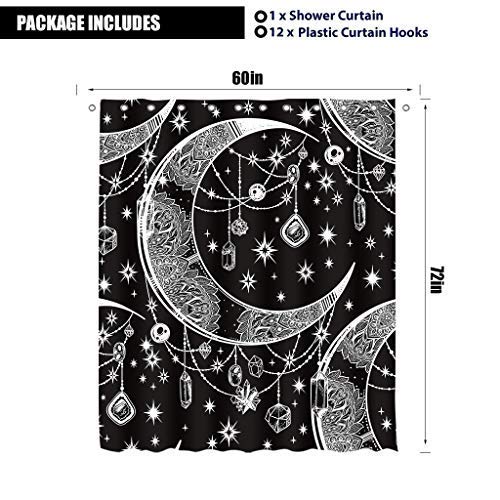 LIGHTINHOME Mandala Celestial Shower Curtain 60Wx72L Inch Boho Moon Star Black and White Fabric Waterproof Bathroom Home Decor 12 Plastic Hooks - NewNest Australia