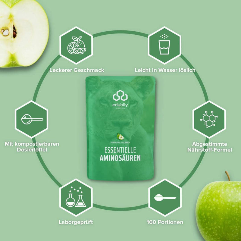 edubily nutrition® Vegan EAA powder • High-quality EAA complex made of 10 essential amino acids • Sour apple flavor • Sweetened with stevia • 400 g - NewNest Australia