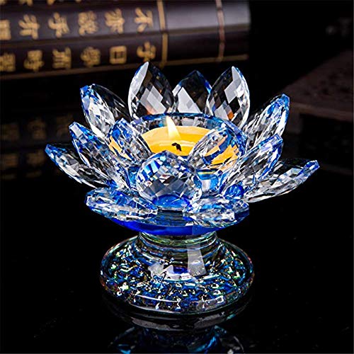 NewNest Australia - H&D HYALINE & DORA Blue Crystal Lotus Flower Candle Holder Crystal Tealight Candle Holder,4.3Inch 4.3in Blue Crystal Lotus Candle Holder 