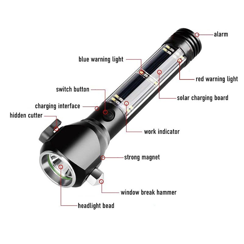 Serjur 8 in 1 Multi Function Flash Light,USB Rechargeable Solar Powered Flashlight with Glass Breaker,Seatbelt Cutter,Alarm and Phone Charger, Car LED Tactical Flashlight for Emergencies - NewNest Australia