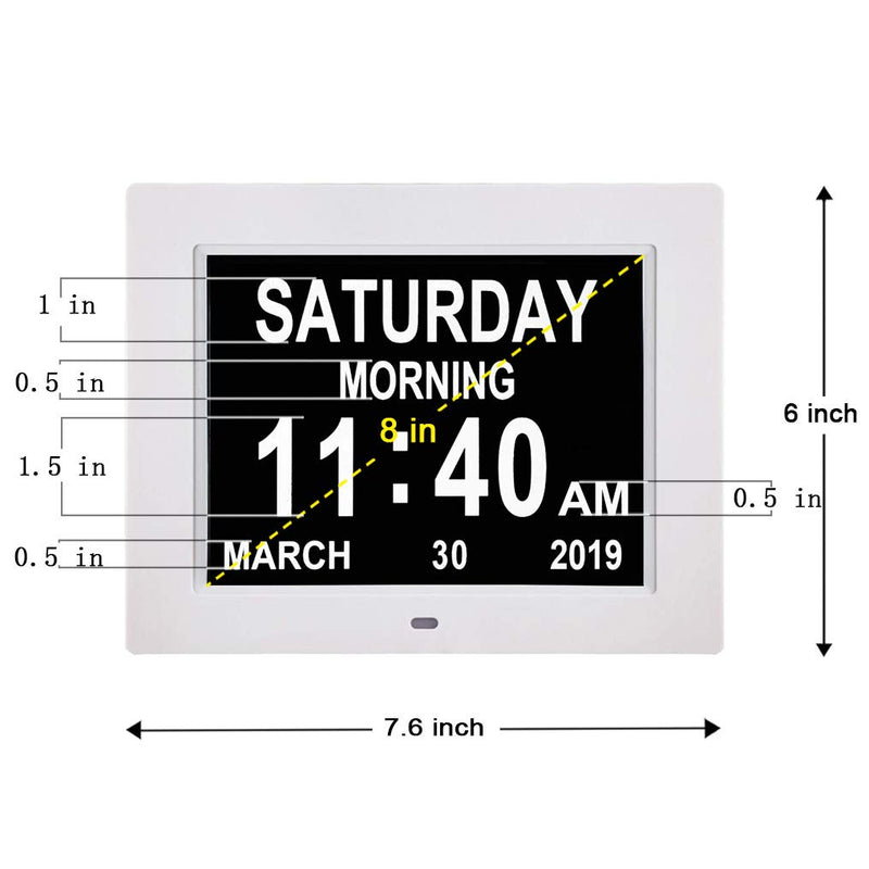 NewNest Australia - [Newest Version] Digital Calendar Day Clock with 8 Alarm Options, Extra Large Non-Abbreviated Day&Month for Seniors, Elderly, Memory Loss, Alzheimer (8-inch) White 