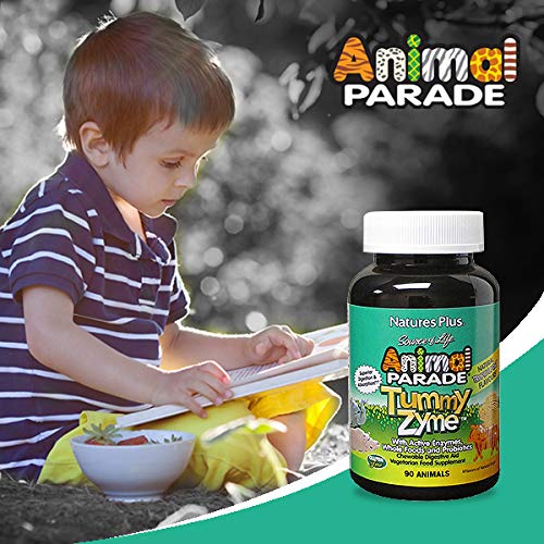 NaturesPlus Animal Parade Tummy Zyme Children’s Chewable Digestive Support - Active Enzymes, Lactase, Live Probiotics and Whole Foods - Vegetarian, Gluten Free - Tropical Fruit Flavour - 90 Animal Shaped Tablets - NewNest Australia