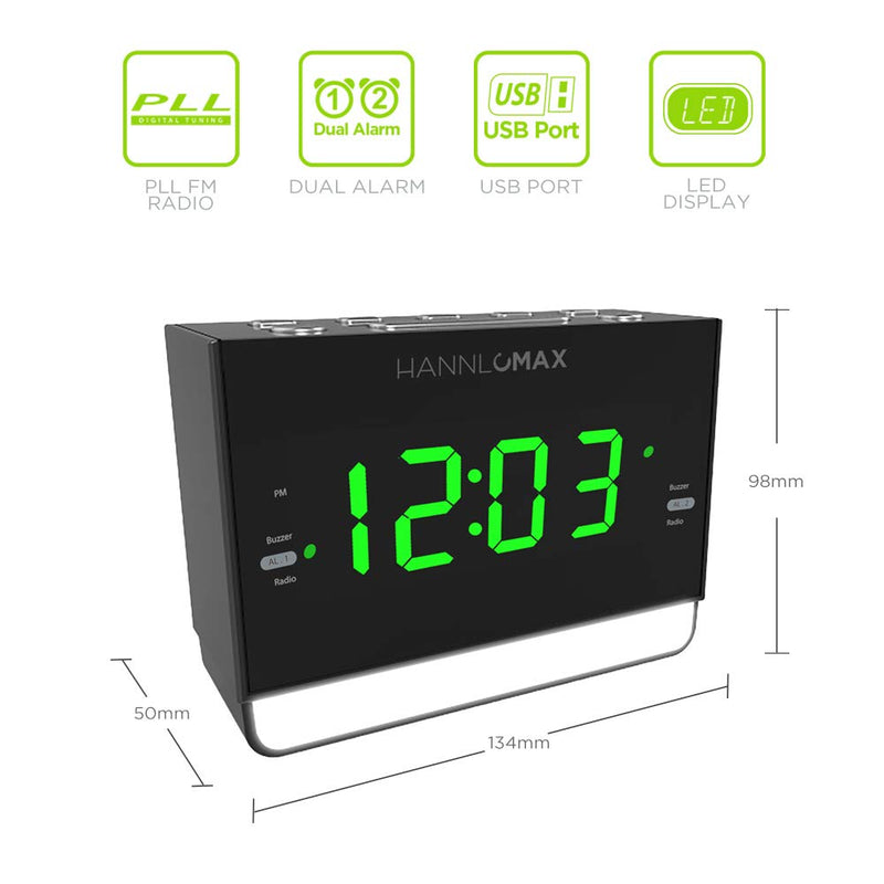 NewNest Australia - HANNLOMAX HX-128CR Alarm Clock Radio, PLL FM Radio, 1.2 inches Green LED Display, Dual Alarm, 6 Levels Night Light, USB Port for 1A Charging, AC/DC Adaptor Included 