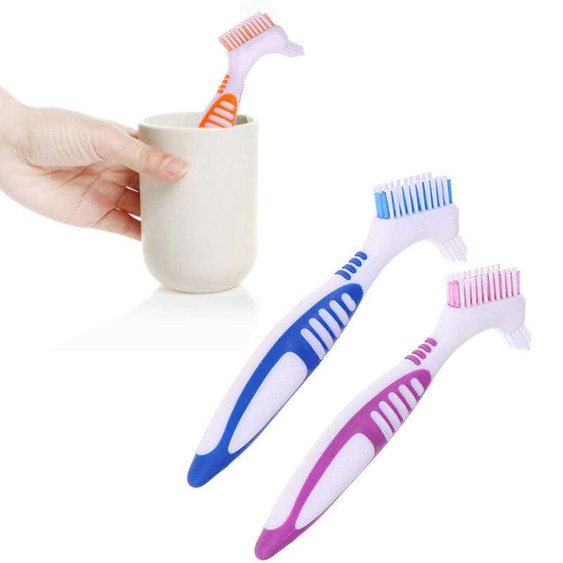 Pack of 3 Portable Denture Cleaning Brush Set Moderate Denture Toothbrush Cleaning Brush with Multi-Layer Bristles & Ergonomic Rubber Handle for False Teeth Cleaning, 3 Colors - NewNest Australia