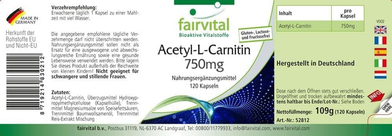 Fairvital | Acetyl-L-Carnitine high dose - 750mg - HIGH DOSE - VEGAN - 120 capsules - NewNest Australia