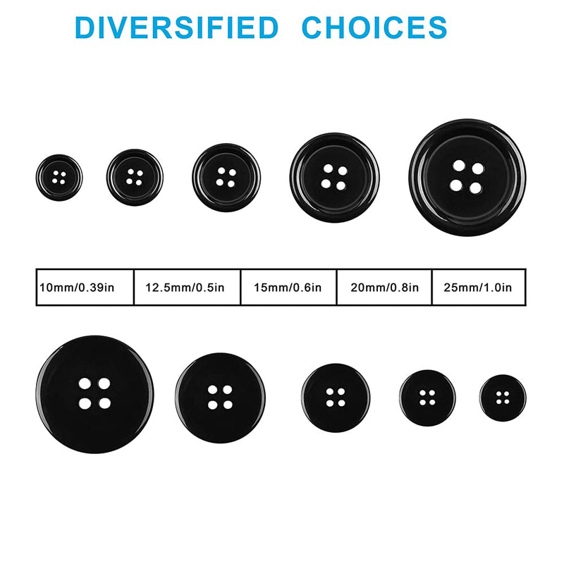Premium 100 Pcs Resin Sewing Buttons, Eco-Friendly 4-Hole Craft Buttons, 5 Sizes of Black Round Mixed Buttons Suitable for Sewing, DIY and Holiday Decoration - NewNest Australia