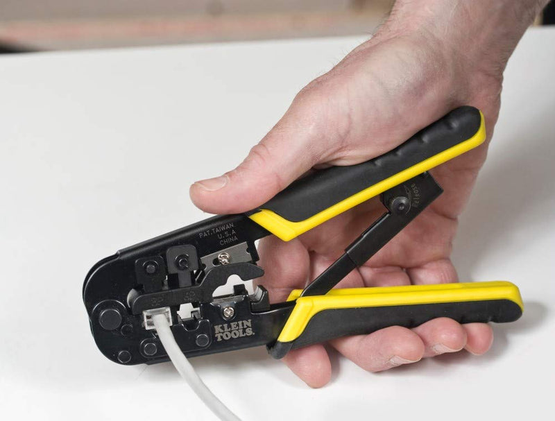 Klein Tools - 52767 VDV226-011-SEN Crimper, All-in-One Ratcheting Modular Data Cable Crimper / Wire Stripper / Wire Cutter, for RJ45, CAT5e, CAT6, CAT6A Yellow/Black - NewNest Australia