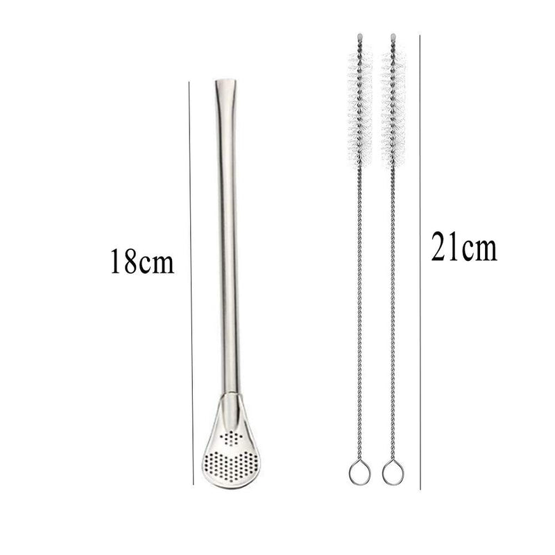 NewNest Australia - EvaGo Reusable Stainless Steel Drinking Straws with Filter Spoon 6 Pieces Yerba Mate Tea Bombilla Drinking Straws with 2 Pieces Cleaning Brushes Set, 7.1inch Long 