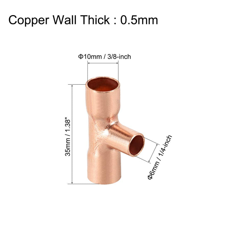 uxcell 3/8-inch X 1/4-inch X 3/8-inch Copper Reducing Tee Copper Pressure Pipe Fitting Conector for Plumbing Supply and Refrigeration 2pcs - NewNest Australia